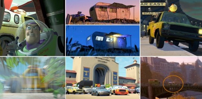 “Pizza Planet”-bilen från Toy Story dyker upp lite här och var i Disney och Pixar filmer. Från vänster till höger har vi Toy Story, Monsters Inc, Toy Story 2, Hitta Nemo, Bilar och Ratatouille
